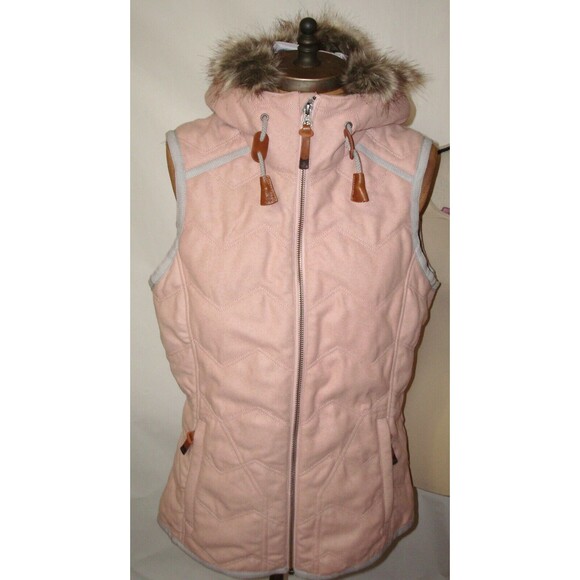 New NWT Womens S Prana Faux Fur Hooded Vest Blush Pink Gray Logo Chevron Pockets - Picture 1 of 9
